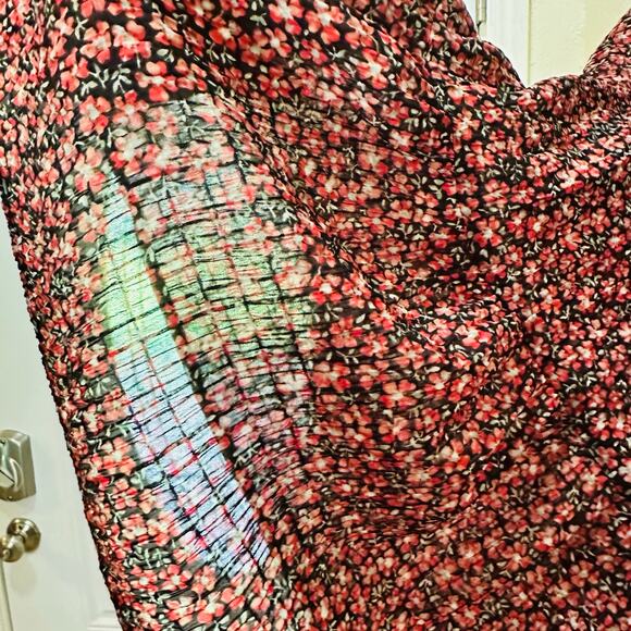 Loft Floral Smocked Cropped Sheer Puff Ruffle Sleeves Peplum Top Size XL - Picture 7 of 9